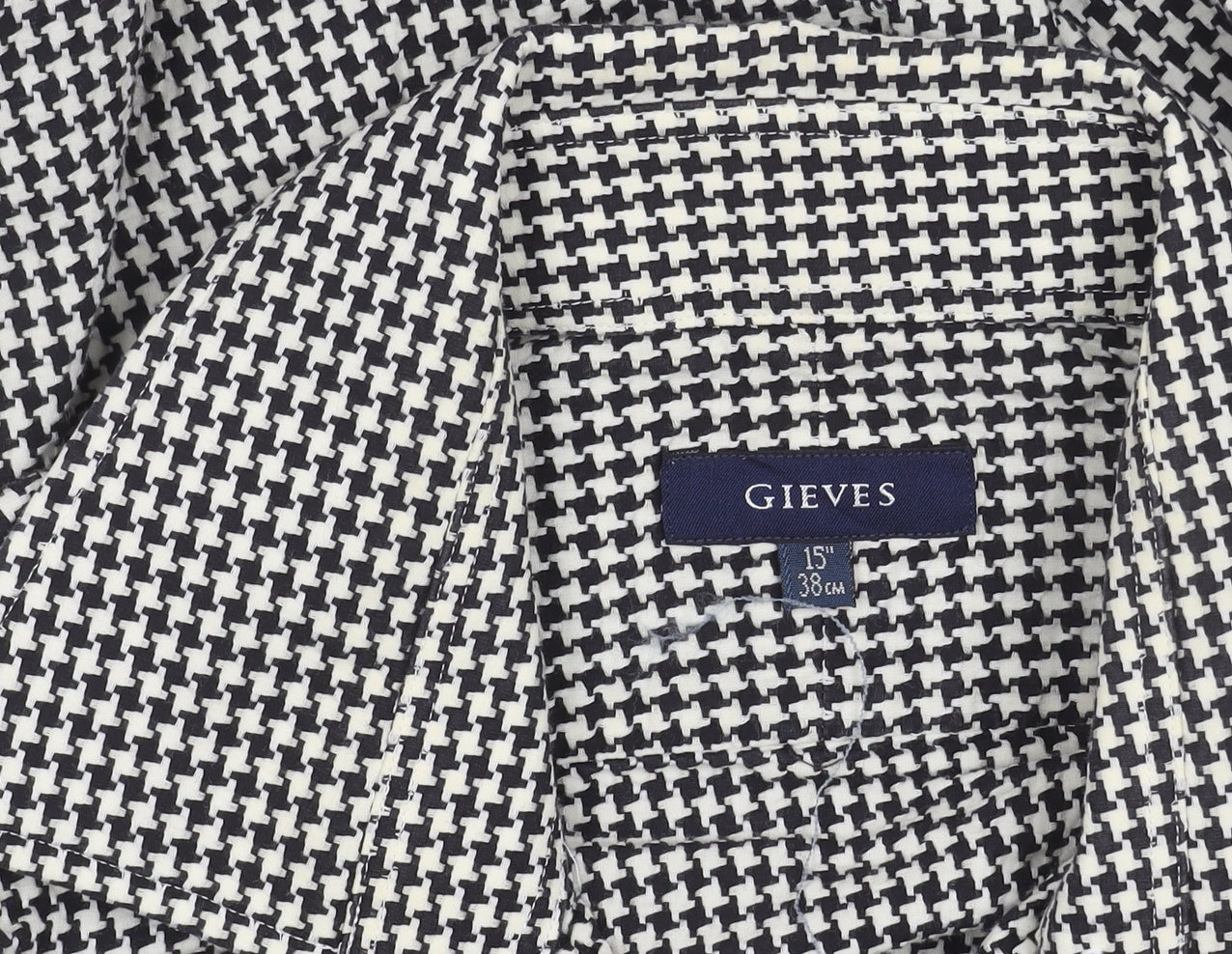 Gieves Men’s Black Houndstooth Cotton Long Sleeve Button-Up Shirt 15