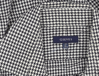 Gieves Men’s Black Houndstooth Cotton Long Sleeve Button-Up Shirt 15