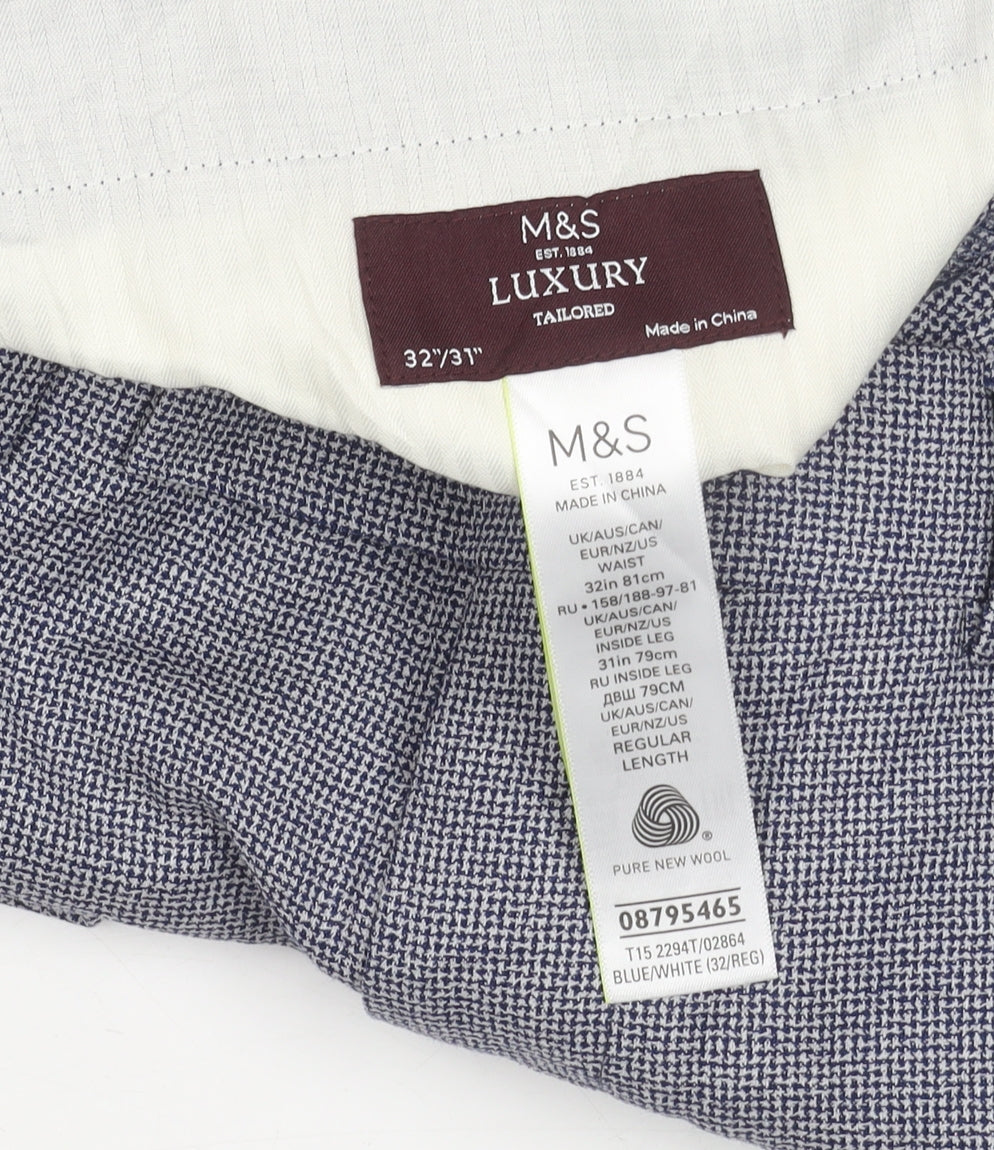 Marks and Spencer Men's Blue Check Wool Dress Pants 32x31 Slim
