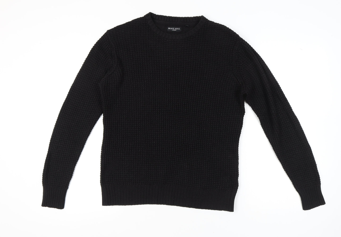 Brave Soul Men's Black Waffle-Knit Crew Neck Jumper M Regular Fit