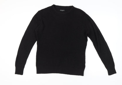 Brave Soul Men's Black Waffle-Knit Crew Neck Jumper M Regular Fit