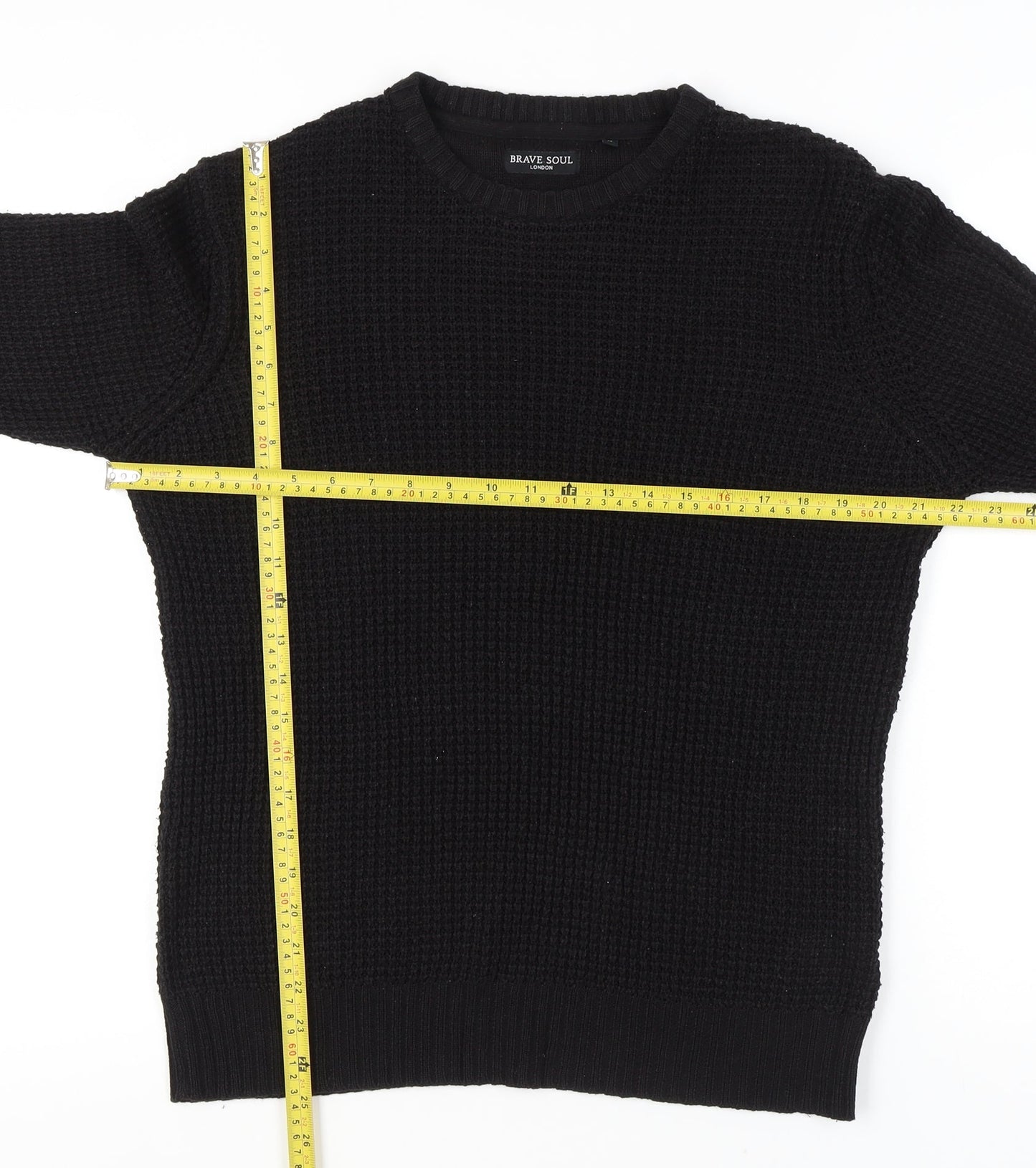 Brave Soul Men's Black Waffle-Knit Crew Neck Jumper M Regular Fit