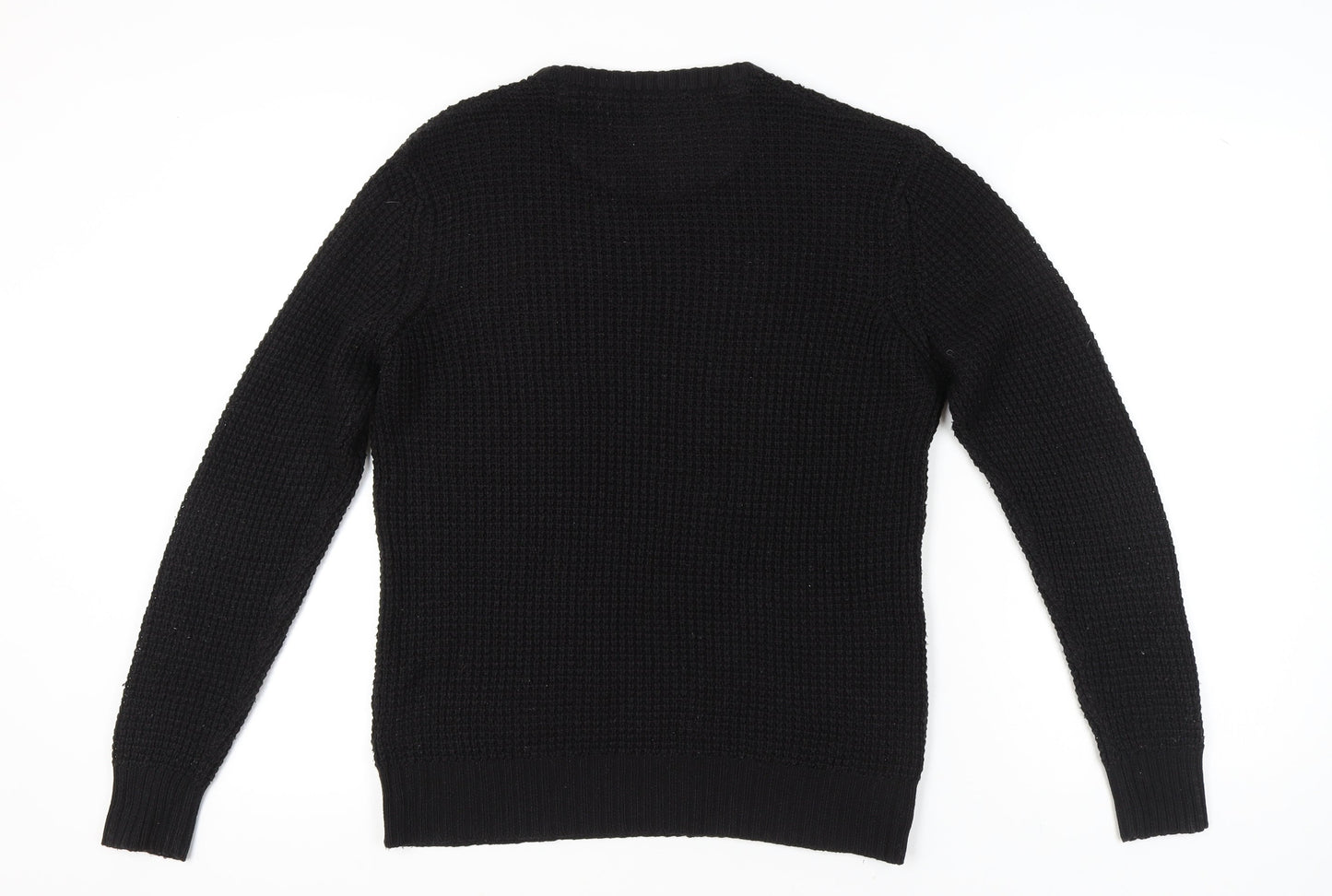 Brave Soul Men's Black Waffle-Knit Crew Neck Jumper M Regular Fit