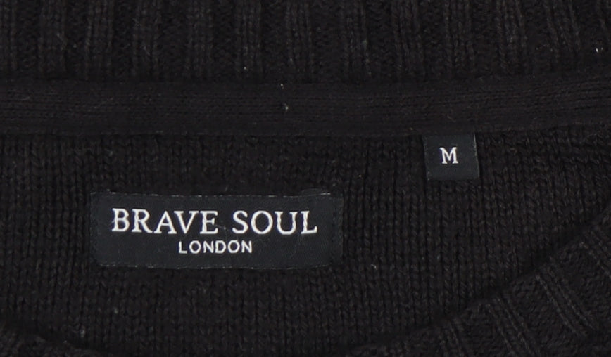 Brave Soul Men's Black Waffle-Knit Crew Neck Jumper M Regular Fit