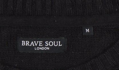 Brave Soul Men's Black Waffle-Knit Crew Neck Jumper M Regular Fit