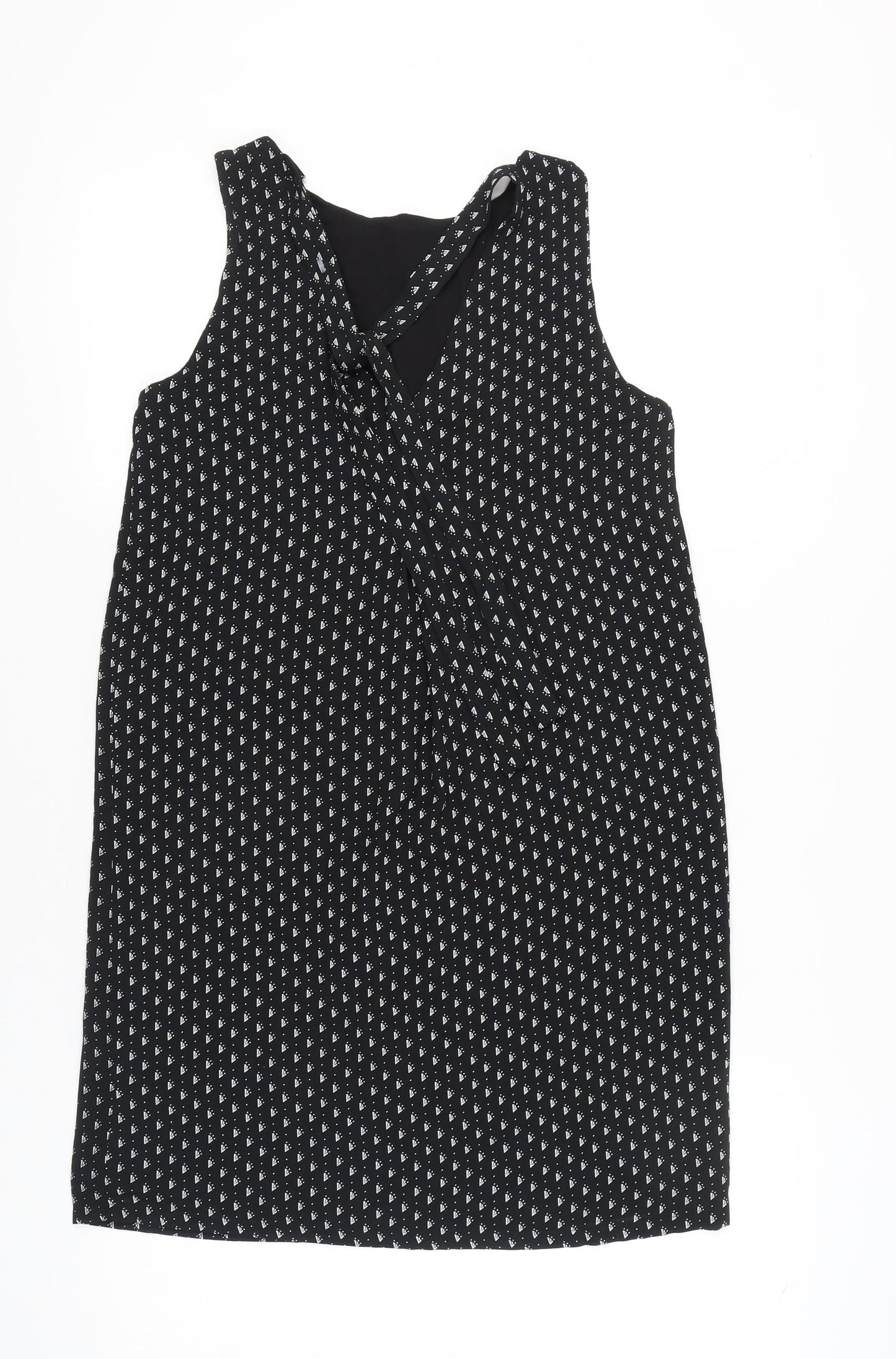 H&M Women’s Black Geometric Shift Dress Size 8 Sleeveless Tie Neck