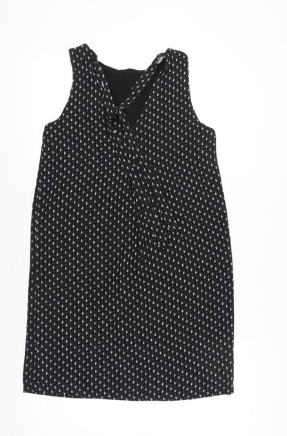 H&M Women’s Black Geometric Shift Dress Size 8 Sleeveless Tie Neck