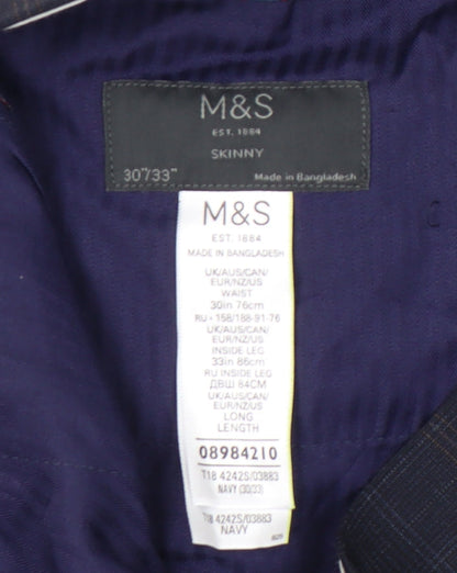 Marks and Spencer Men’s Blue Check Slim Fit Trousers 30x33