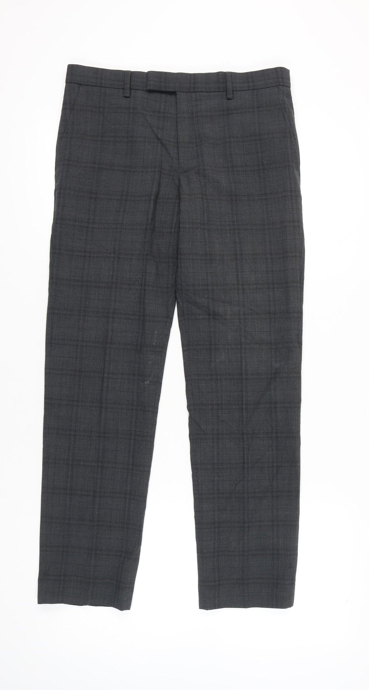 Marks and Spencer Men's Grey Check Slim Fit Wool Blend Dress Trousers 32W 31L