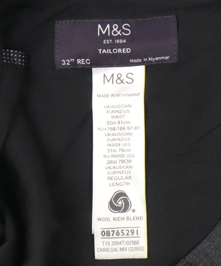 Marks and Spencer Men's Grey Check Slim Fit Wool Blend Dress Trousers 32W 31L