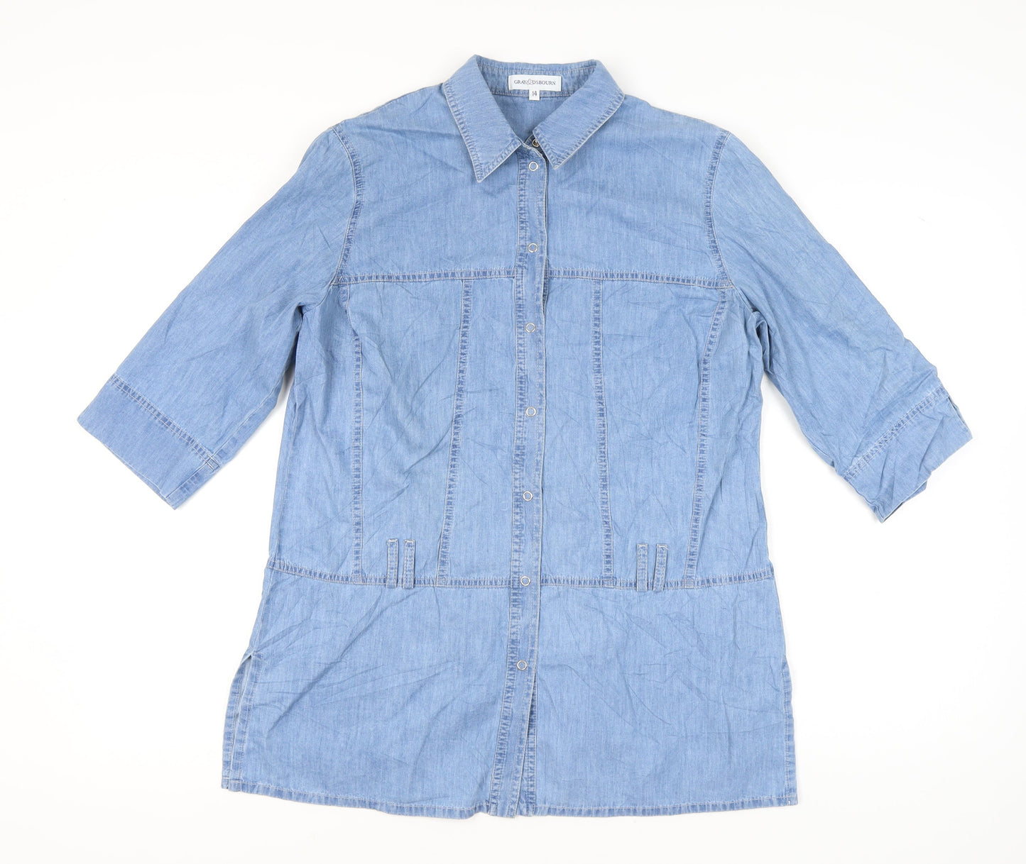 Womens UK Size 14 Gray & Osbourn Blue Tunic Button-Up