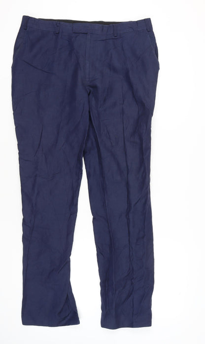 Jaeger Men’s Blue Linen Chino Trousers 36L Straight Leg Smart Casual