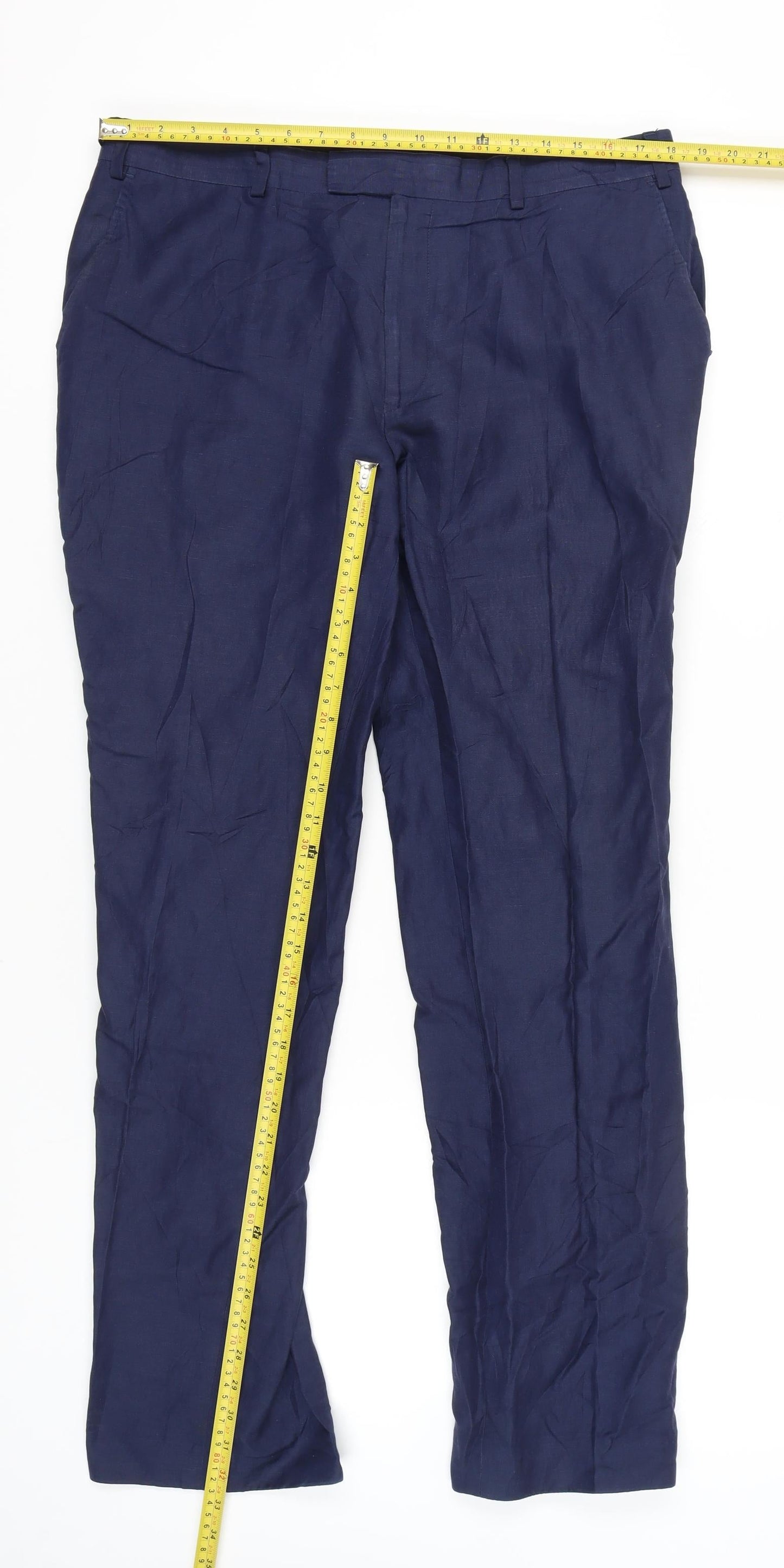 Jaeger Men’s Blue Linen Chino Trousers 36L Straight Leg Smart Casual