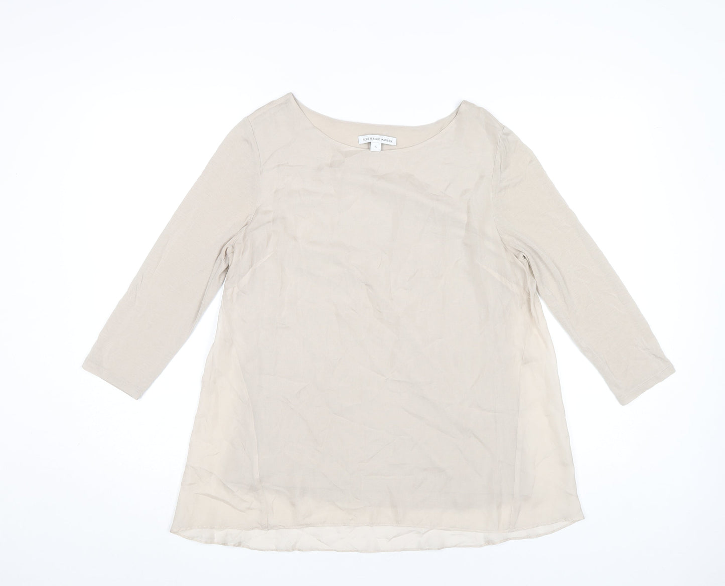 Fenn Wright Manson Women Beige Silk Chiffon Blouse S Boat Neck 3/4 Sleeve