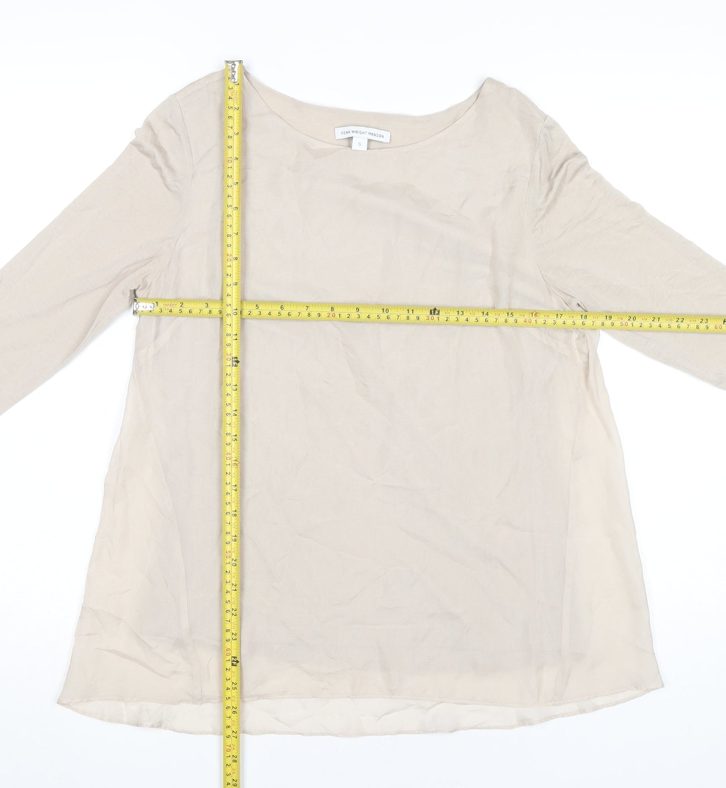 Fenn Wright Manson Women Beige Silk Chiffon Blouse S Boat Neck 3/4 Sleeve