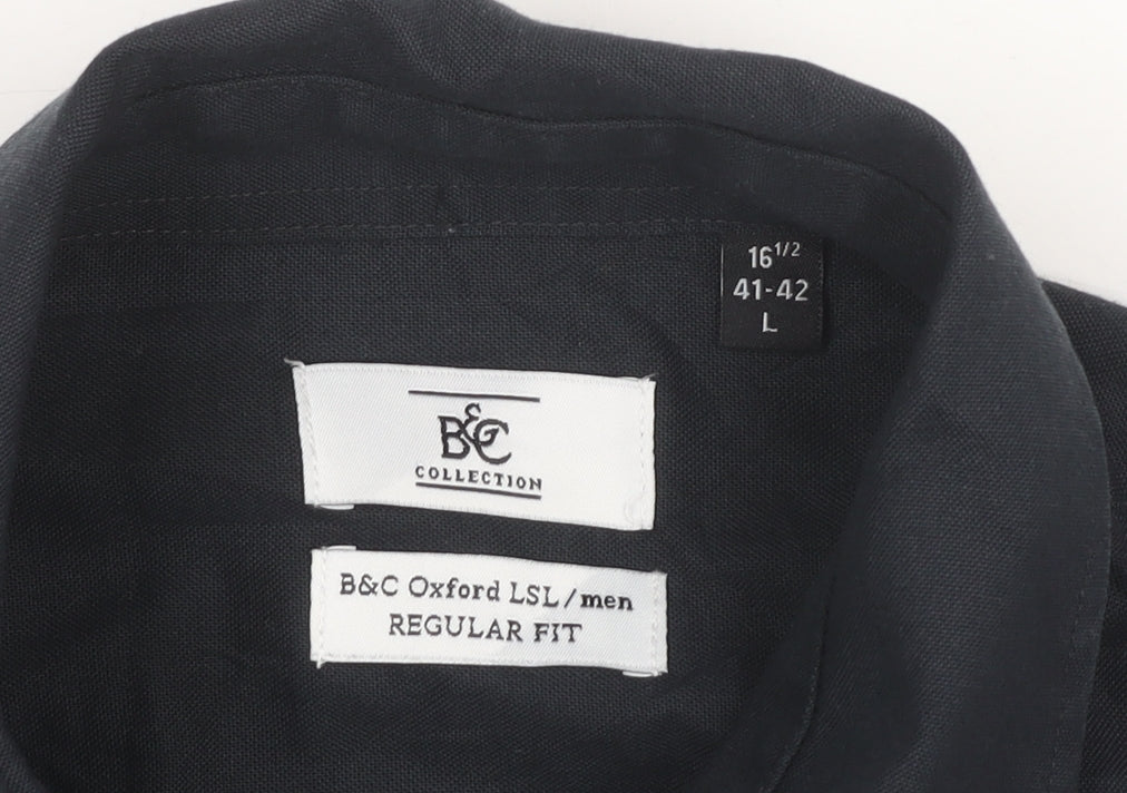 B&C Collection Men's Black Oxford Dress Shirt L Regular Fit Long Sleeve