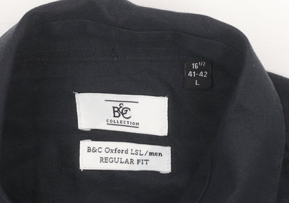 B&C Collection Men's Black Oxford Dress Shirt L Regular Fit Long Sleeve