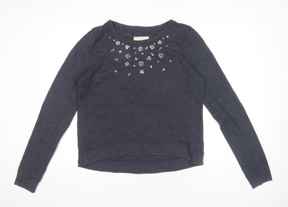 Hollister Women Blue L Pullover Sweatshirt Beaded Crew Neck Long Sleeve