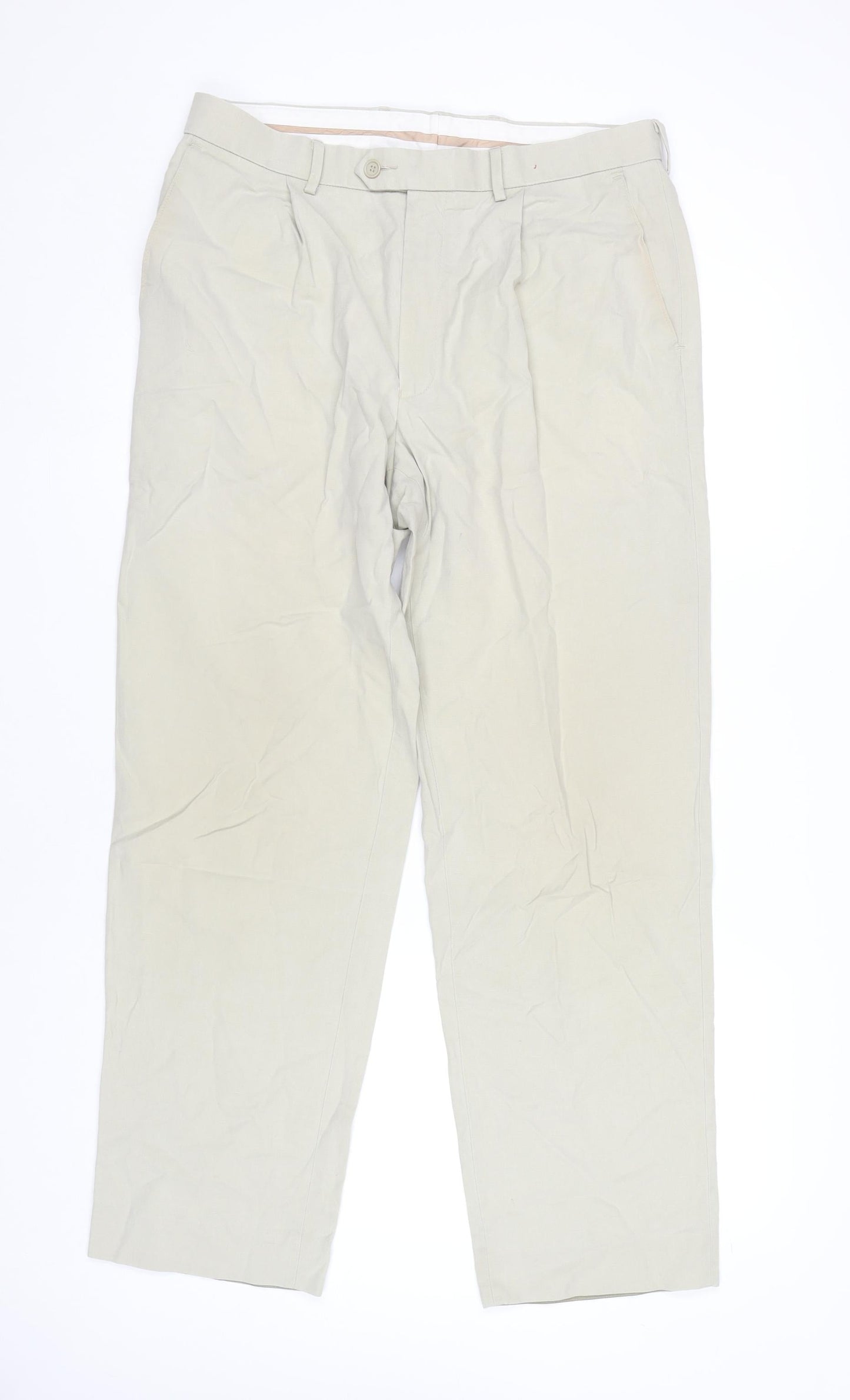 Marks and Spencer Men's Beige Chino Trousers 34W 31L Pleated Linen Blend