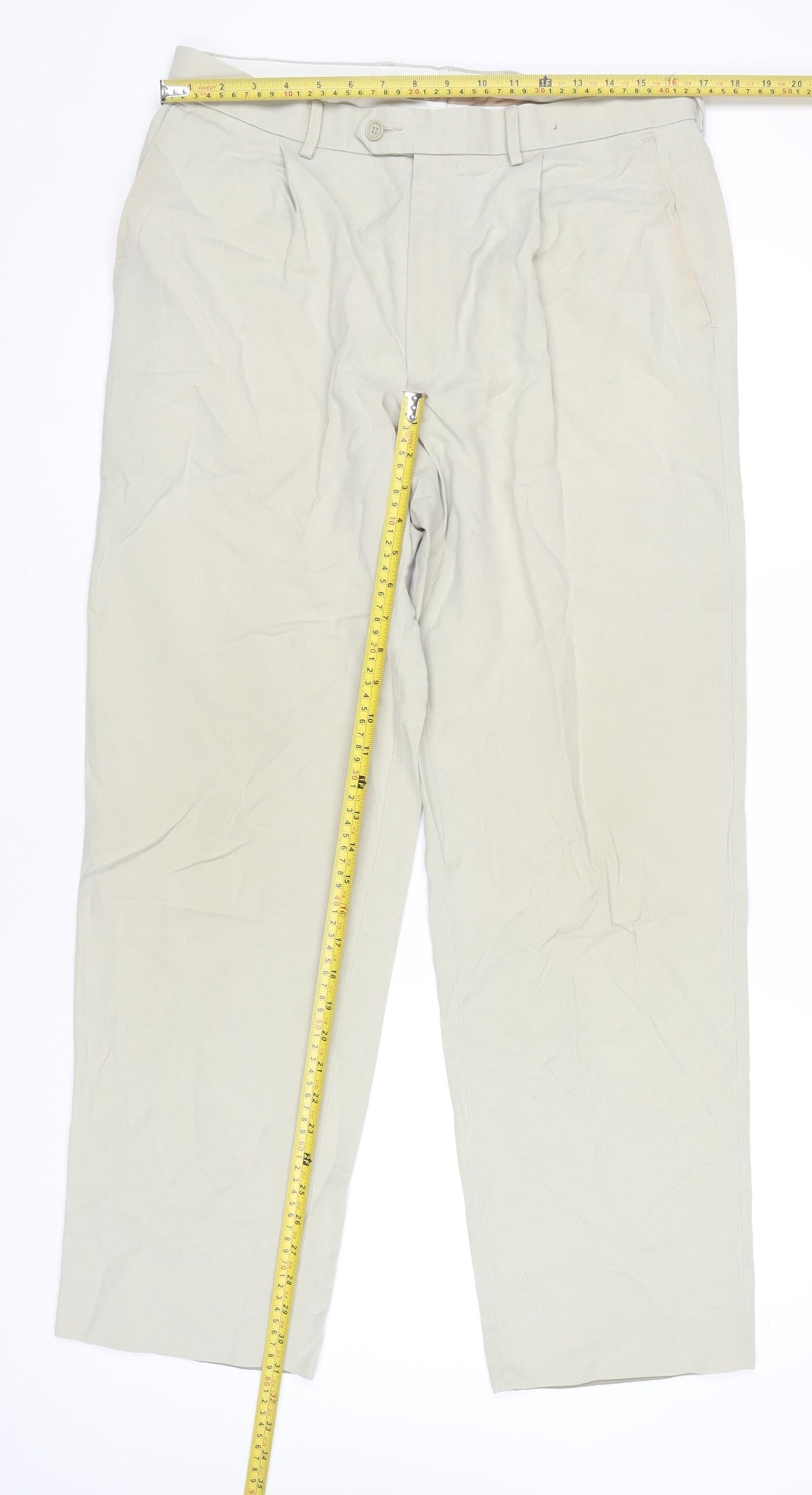 Marks and Spencer Men's Beige Chino Trousers 34W 31L Pleated Linen Blend