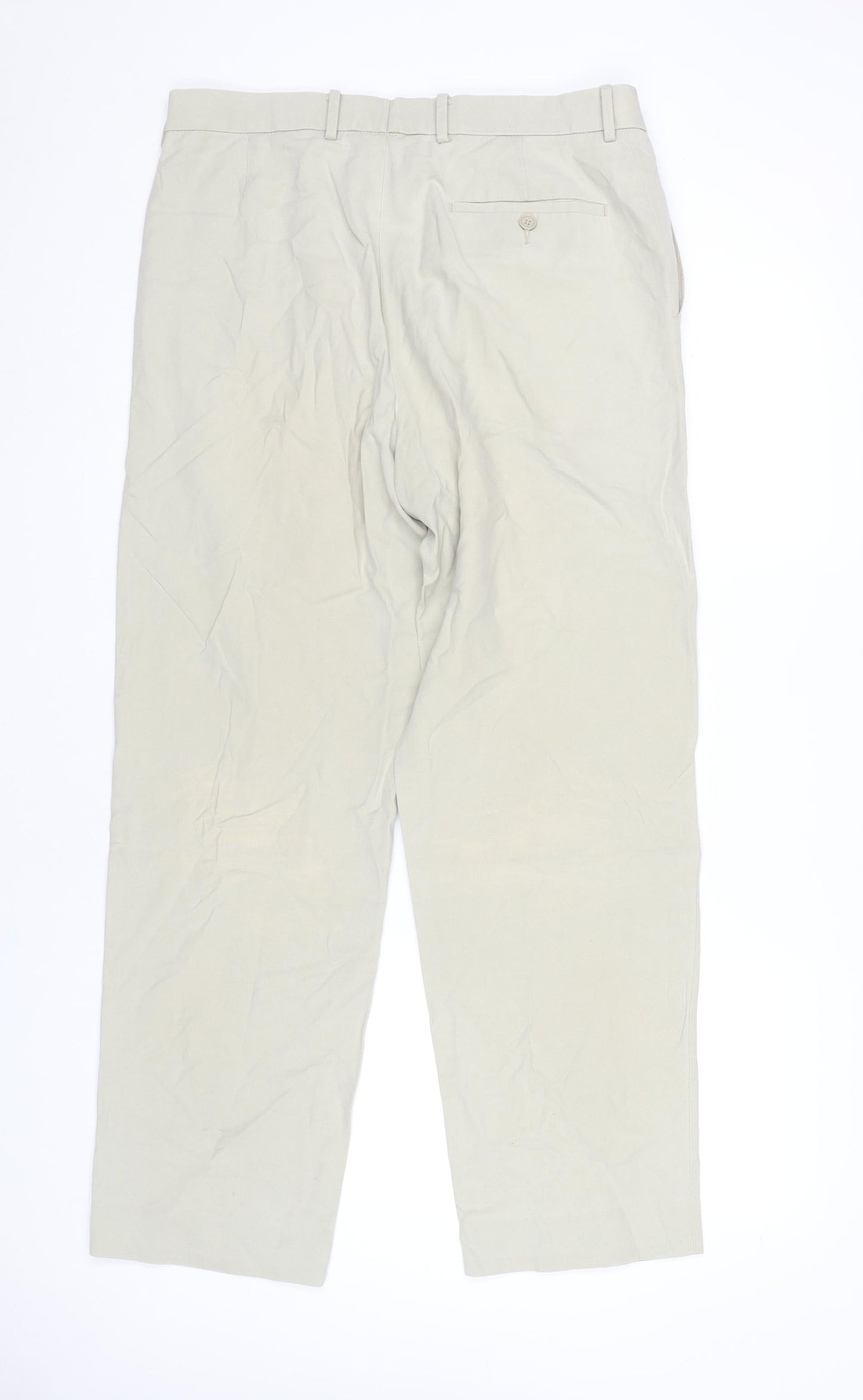 Marks and Spencer Men's Beige Chino Trousers 34W 31L Pleated Linen Blend