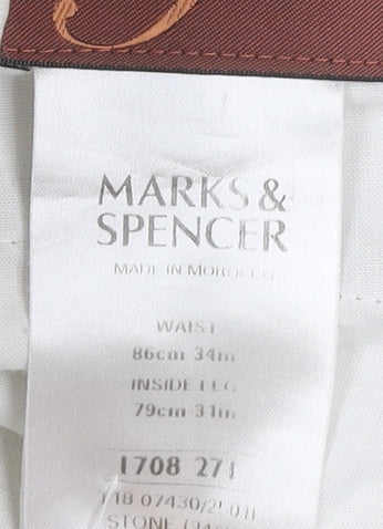 Marks and Spencer Men's Beige Chino Trousers 34W 31L Pleated Linen Blend