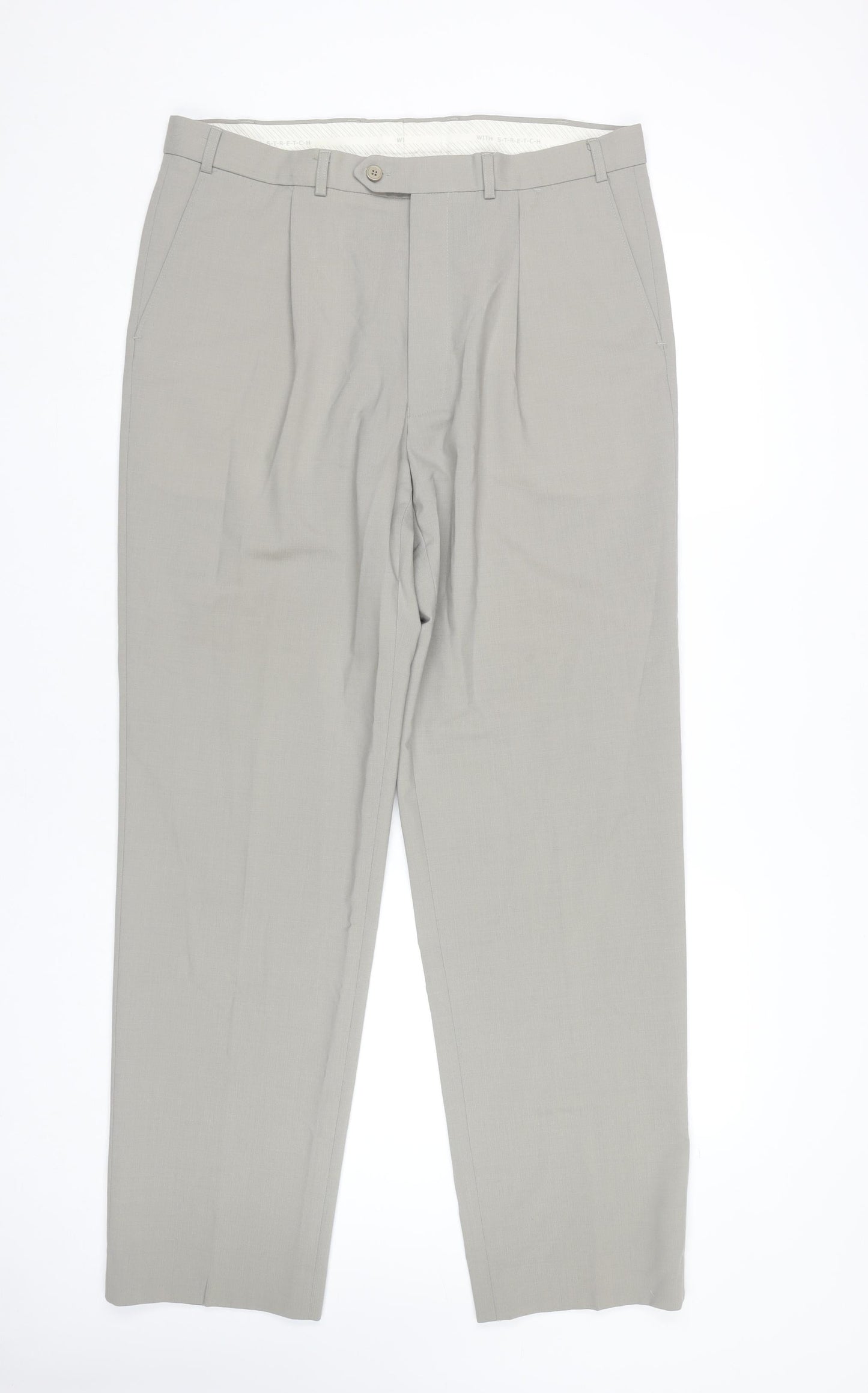 Marks and Spencer Men’s Grey 36x33 Pleated Wool Blend Dress Trousers