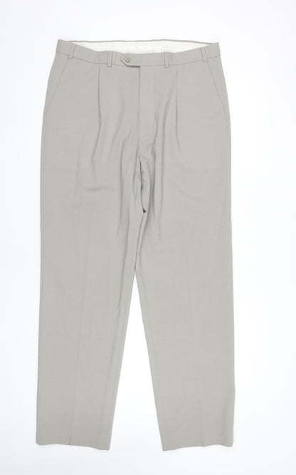 Marks and Spencer Men’s Grey 36x33 Pleated Wool Blend Dress Trousers