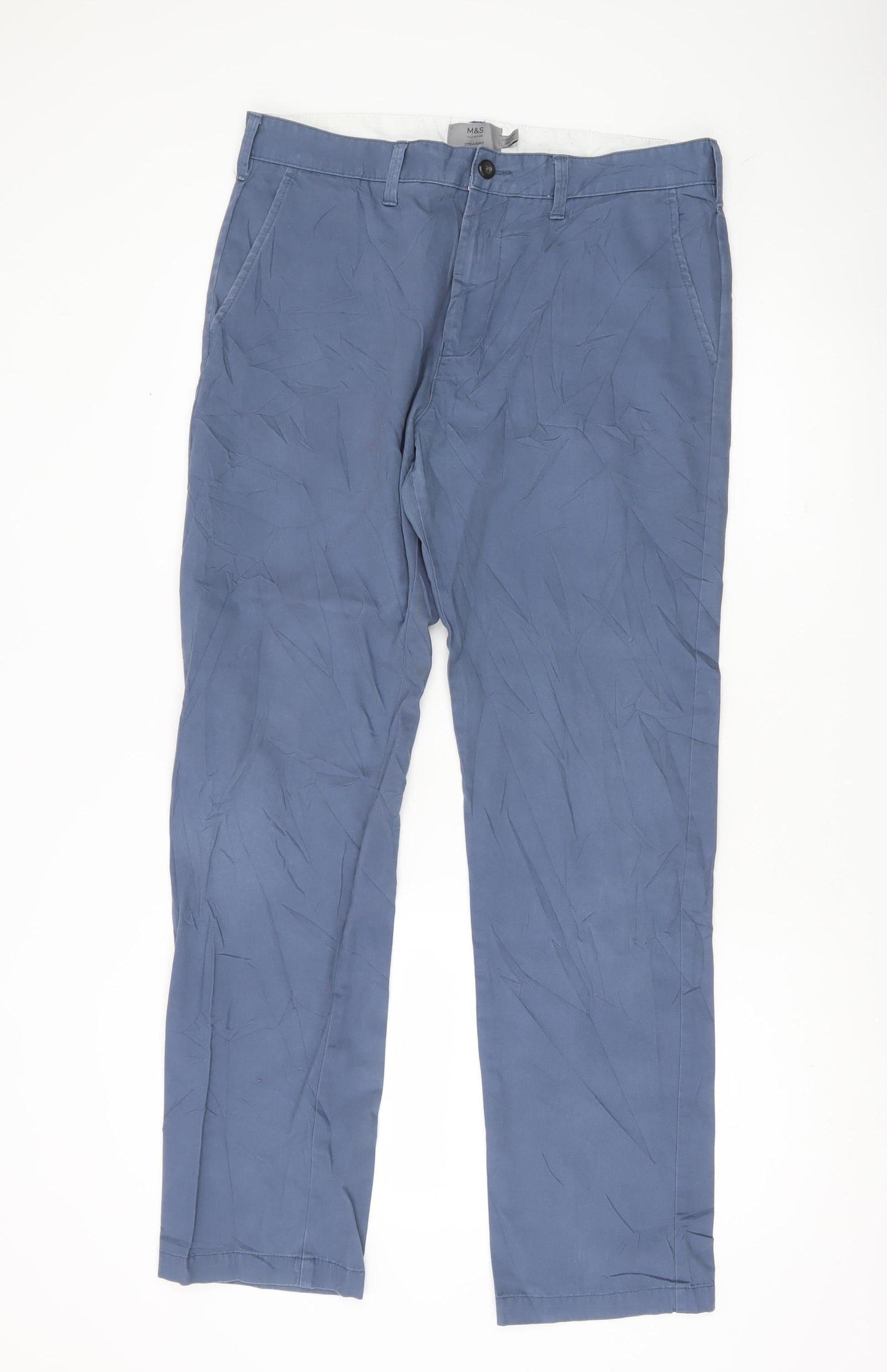 Marks and Spencer Men's Blue Chino Trousers 34W 33L Straight Cotton