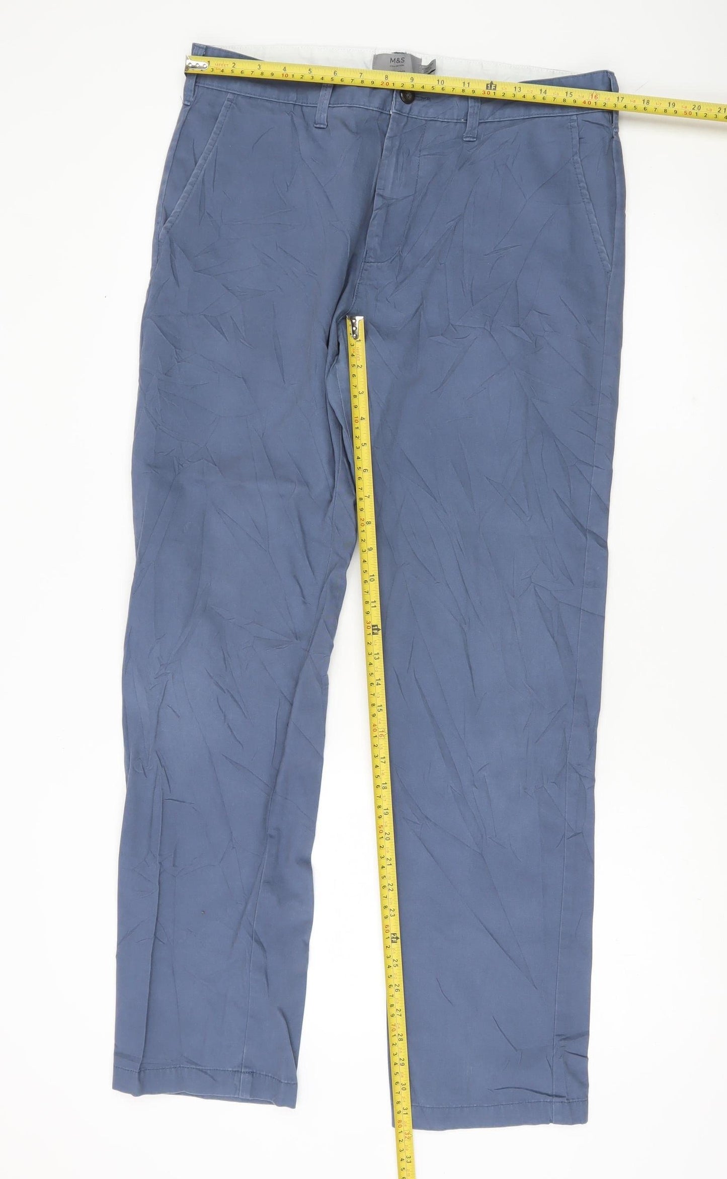 Marks and Spencer Men's Blue Chino Trousers 34W 33L Straight Cotton