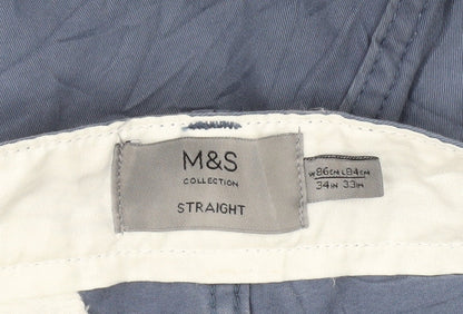 Marks and Spencer Men's Blue Chino Trousers 34W 33L Straight Cotton