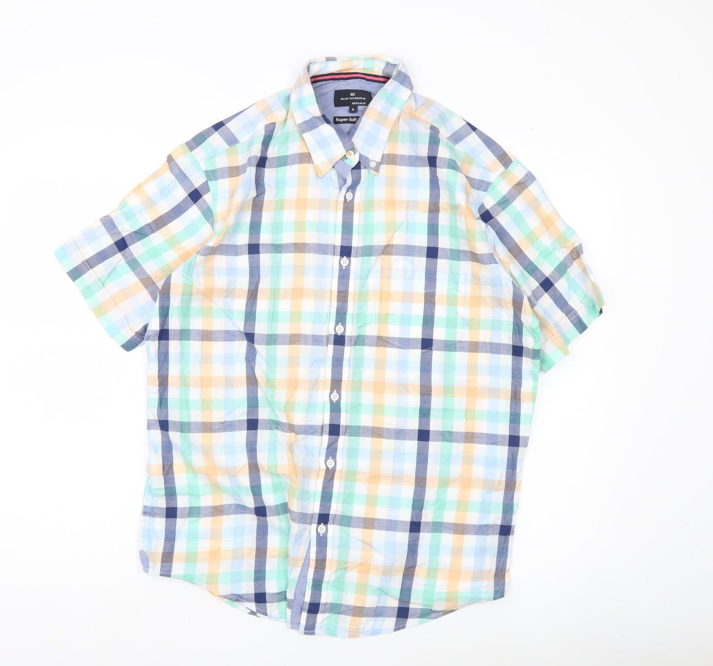 Marks and Spencer Blue Harbour Men's Multicoloured Check Cotton Short Sleeve Shirt M
