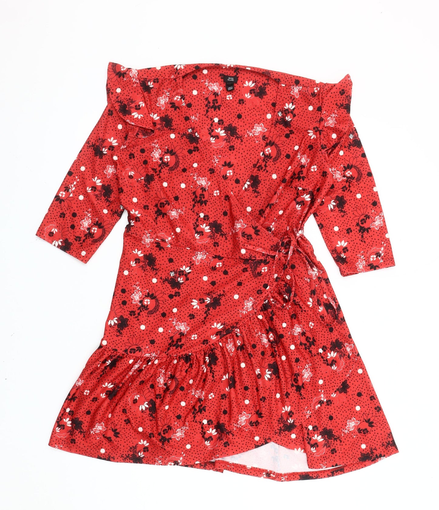 River Island Women’s Red Floral Polka Dot Wrap Dress Size 10