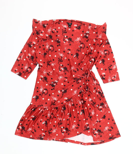River Island Women’s Red Floral Polka Dot Wrap Dress Size 10