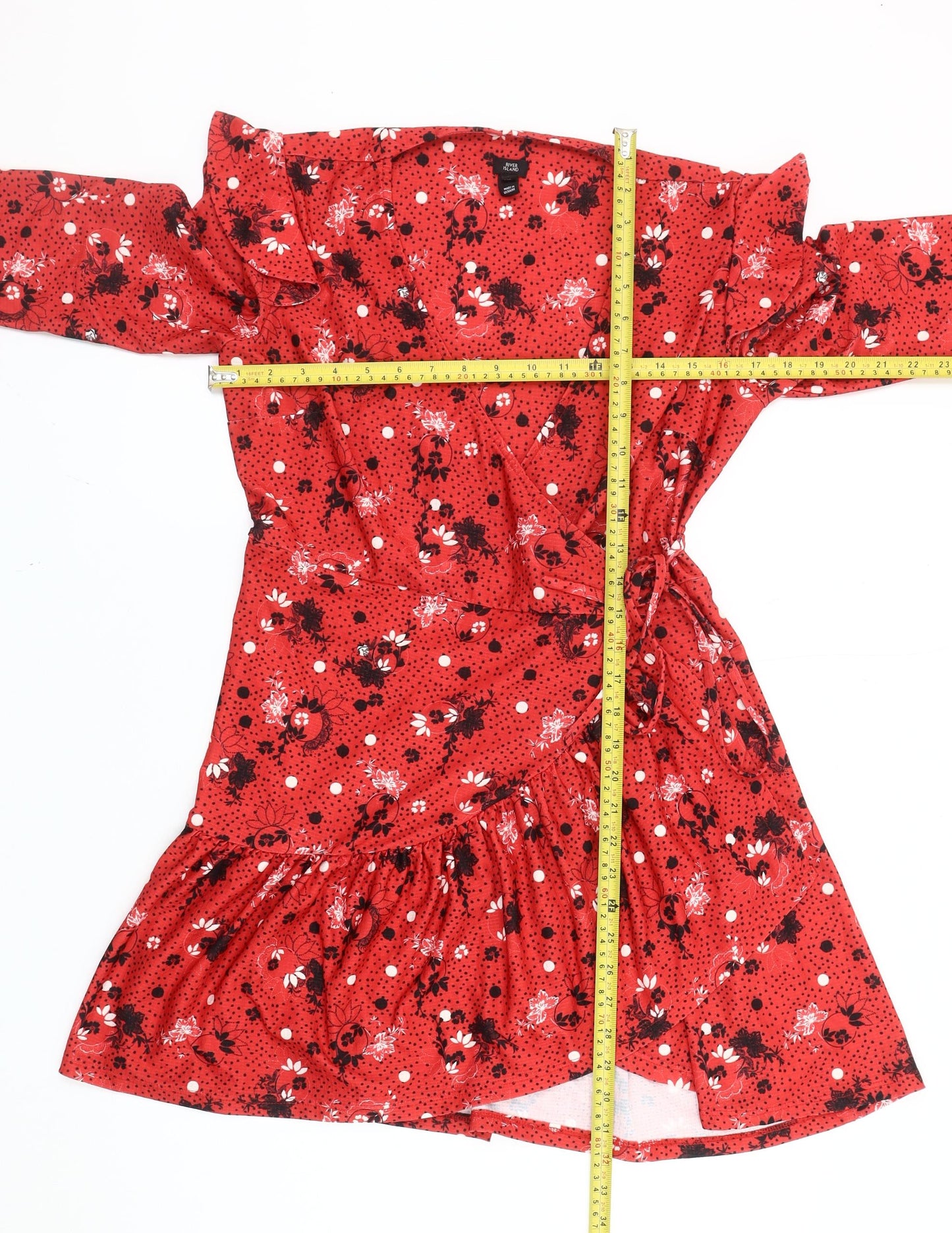 River Island Women’s Red Floral Polka Dot Wrap Dress Size 10