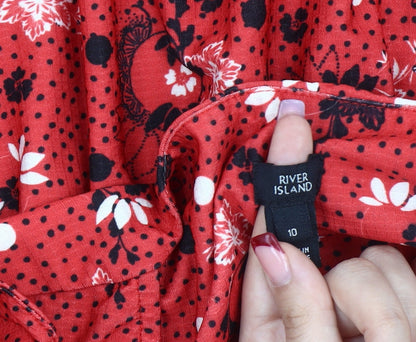 River Island Women’s Red Floral Polka Dot Wrap Dress Size 10