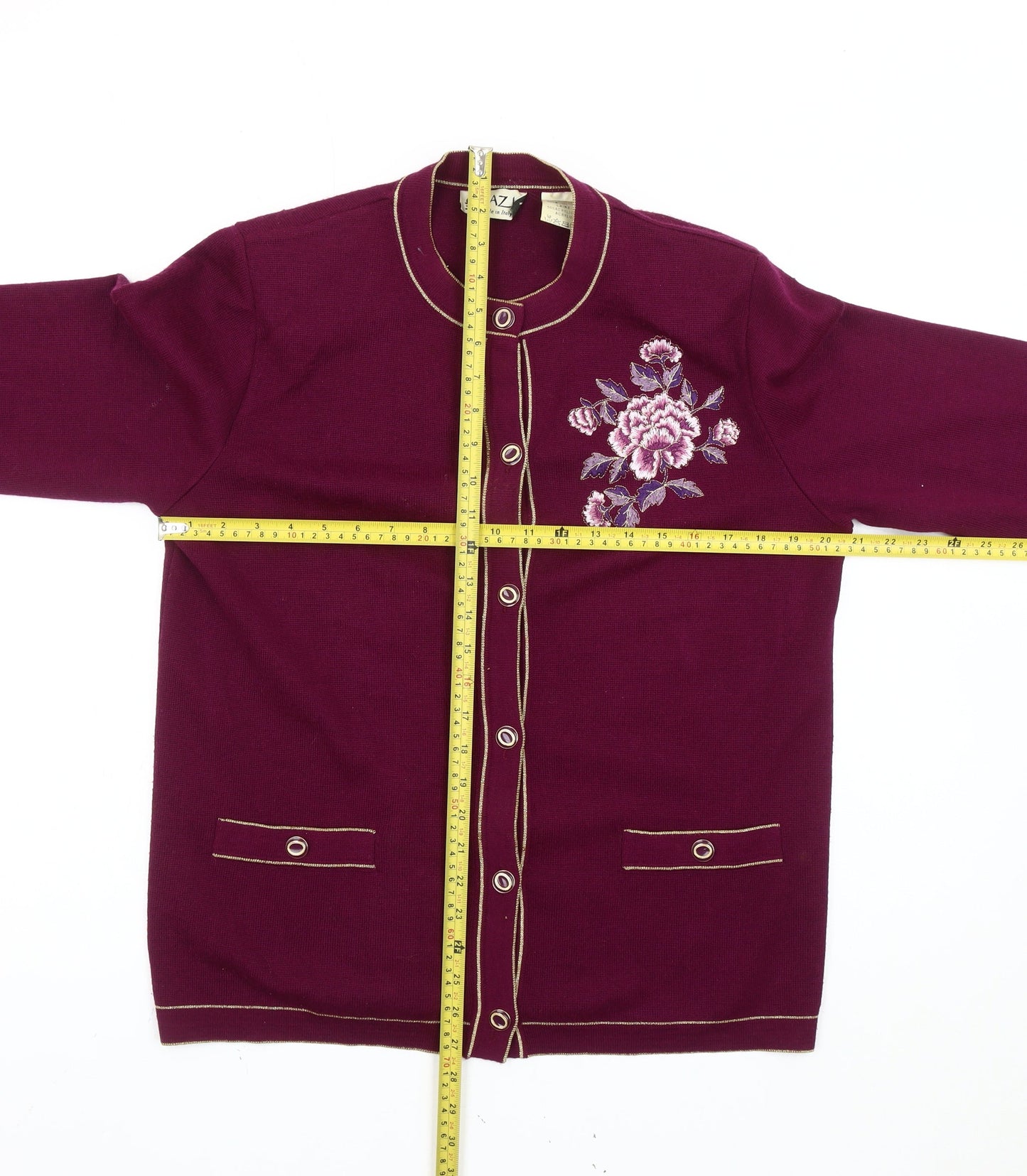 Grazia Women’s Purple Floral Embroidered Wool Blend Cardigan M