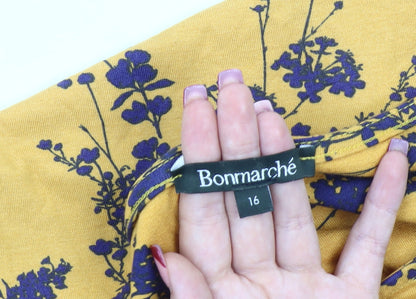Bonmarché Womens Yellow Floral Shift Dress Size 16 Knee Length Casual