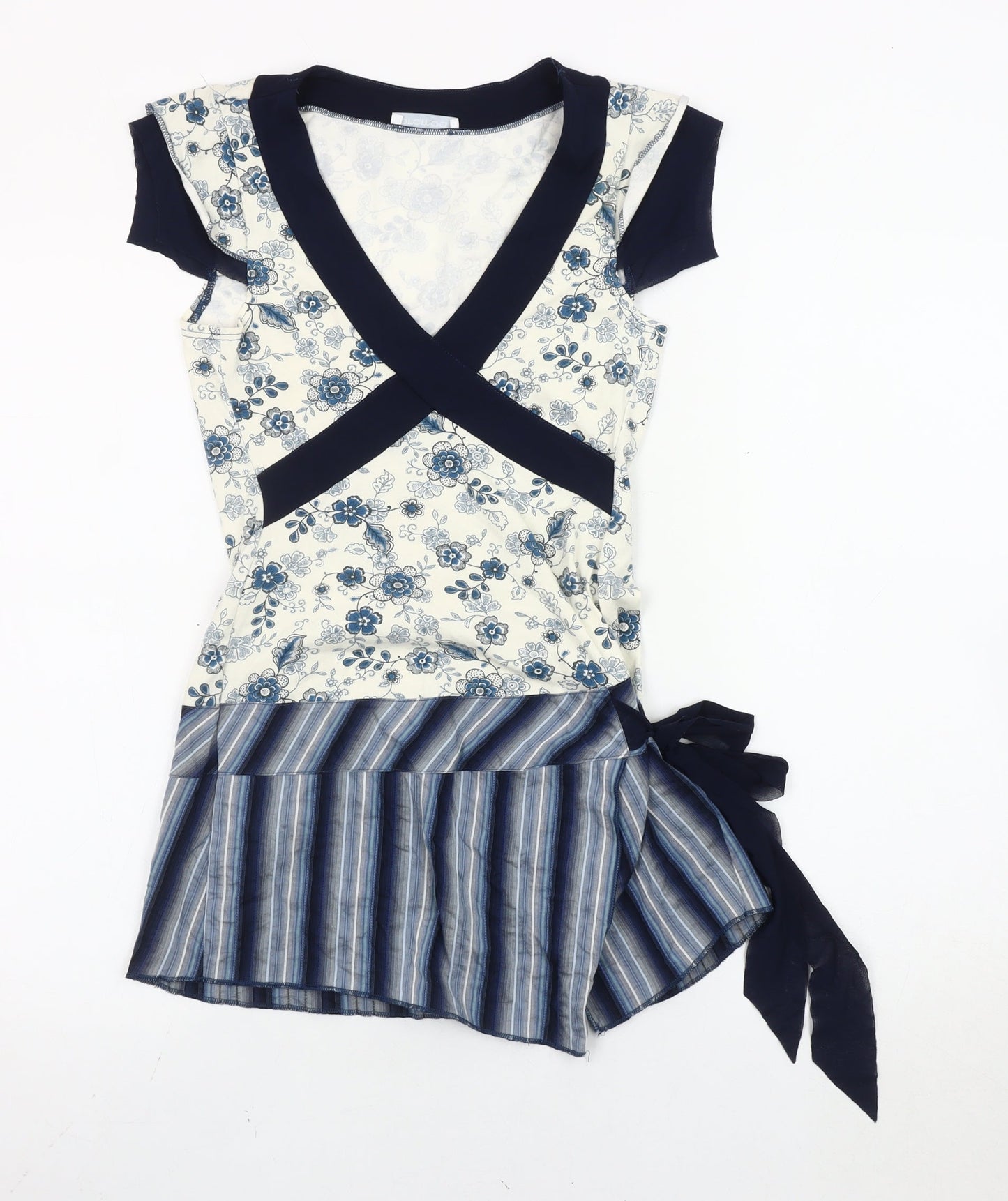 Promod Women’s Blue White Wrap Blouse Size 14 Floral Striped