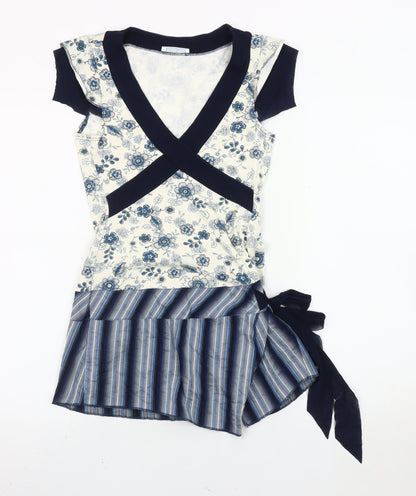 Promod Women’s Blue White Wrap Blouse Size 14 Floral Striped