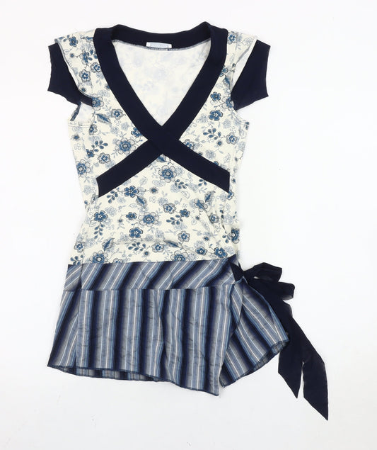 Promod Women’s Blue White Wrap Blouse Size 14 Floral Striped