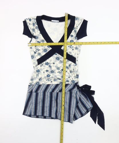 Promod Women’s Blue White Wrap Blouse Size 14 Floral Striped