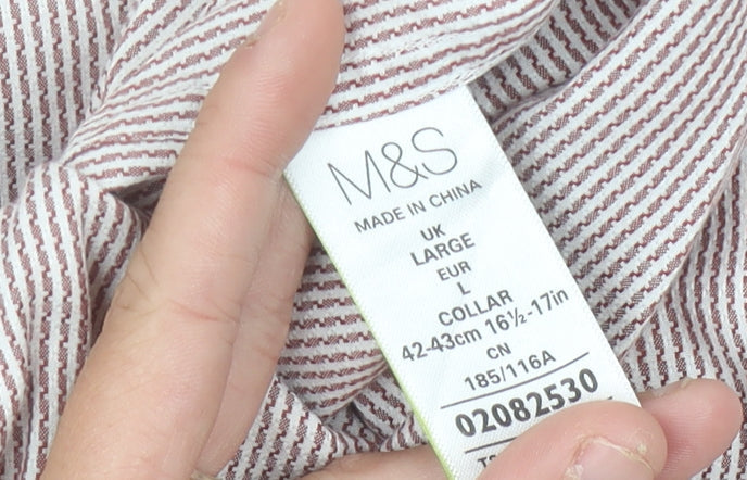 Marks and Spencer Mens Red Striped Long Sleeve Cotton Shirt L
