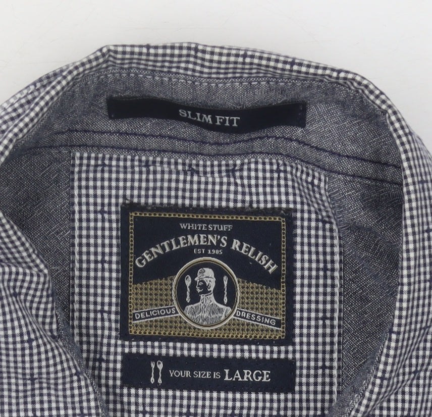 White Stuff Men's Blue Slim Fit Check Cotton Long Sleeve Shirt L