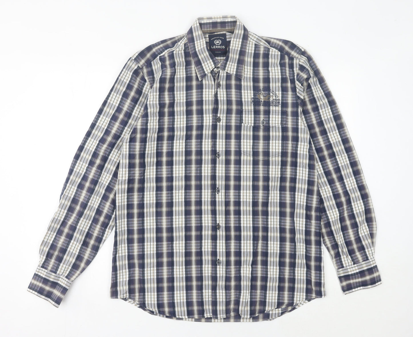 Lerros Men’s Blue Plaid Cotton Long Sleeve Button-Up Shirt M Regular Fit