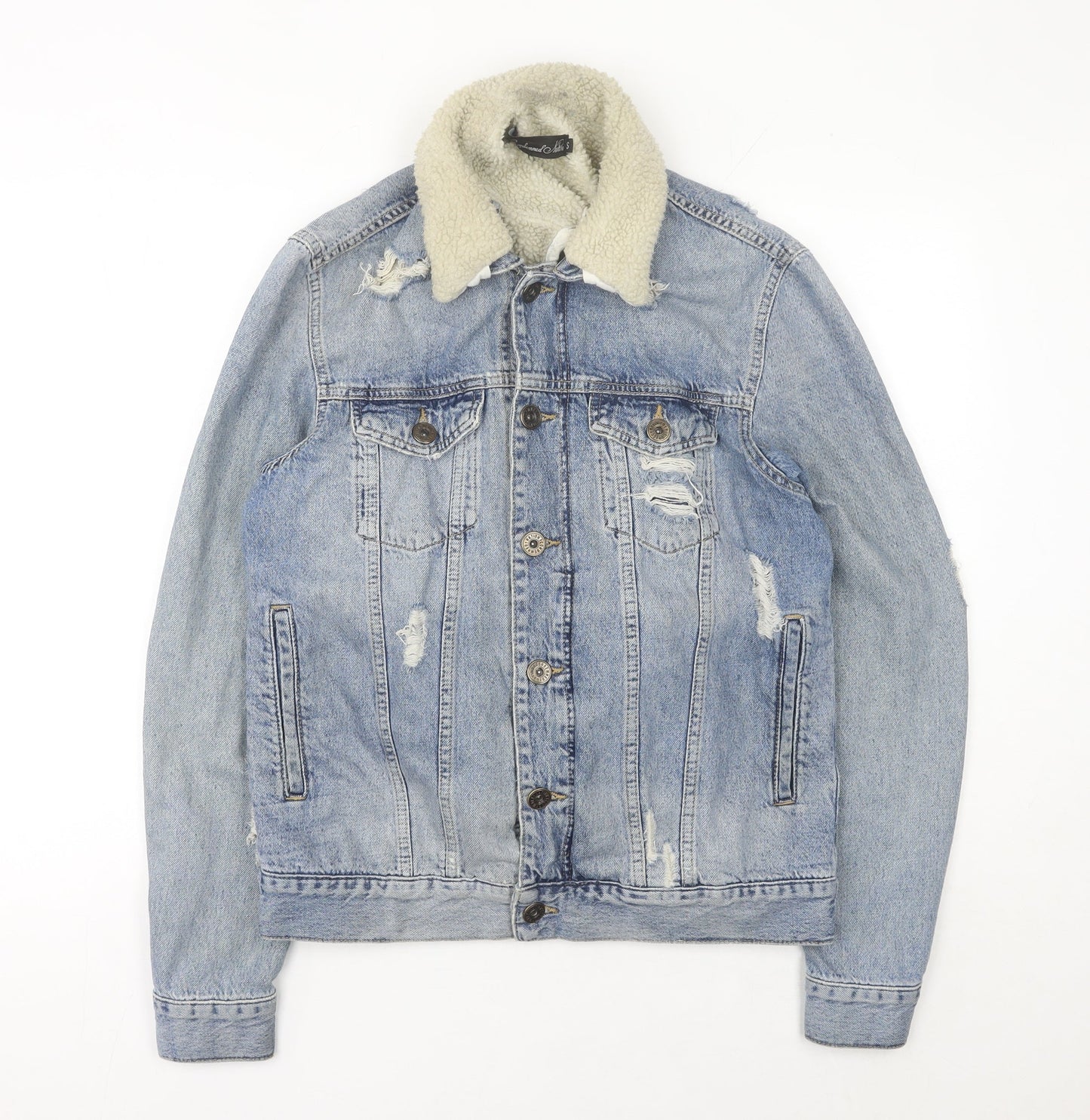 Condemned Nation Womens Blue Denim Sherpa Jacket Size S Distressed