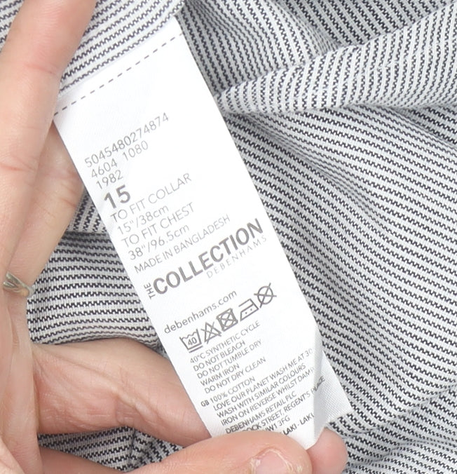 Debenhams Men's Grey Striped Button-Up Shirt Size 15 38in Chest