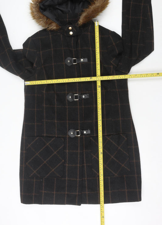 George Womens Black Checked Wool Blend Duffle Coat Size 12 Hooded