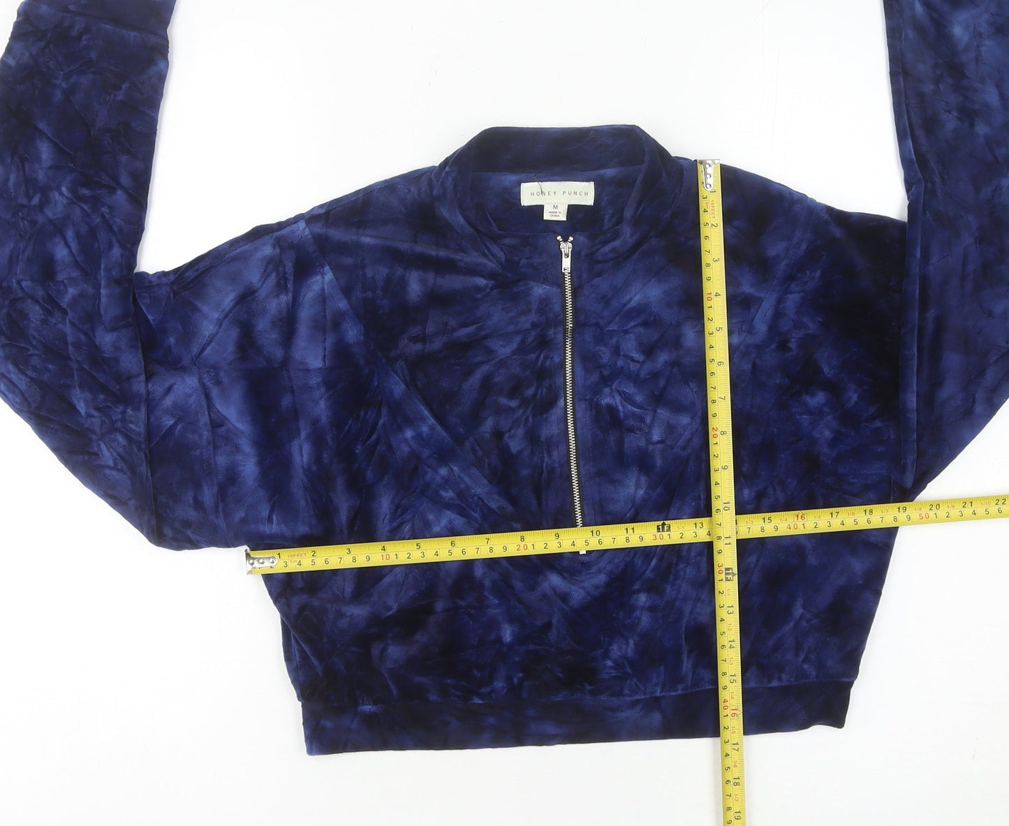 Honey Punch Women’s Blue Velour Cropped Sweatshirt M Zip Front