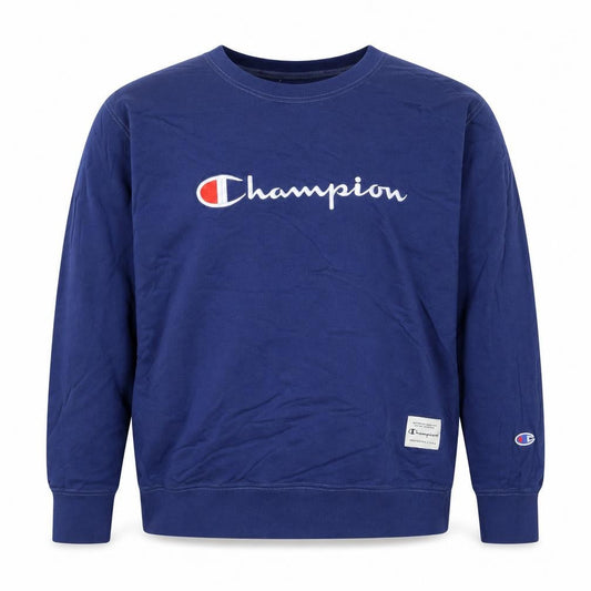 Front view of Champion unisex adults blue pullover sweatshirt l logo athletic